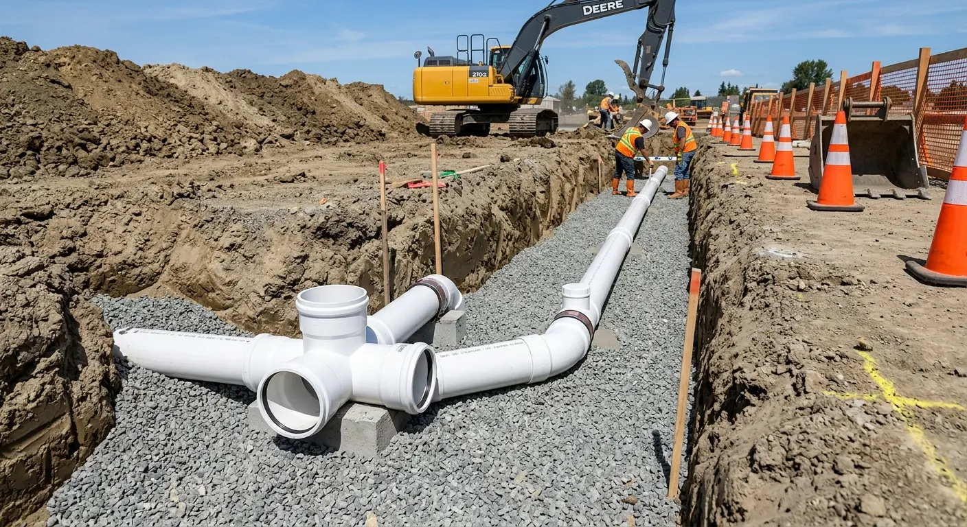 New PVC sewer pipe installation in open trench for Sewer Backup in Mentor