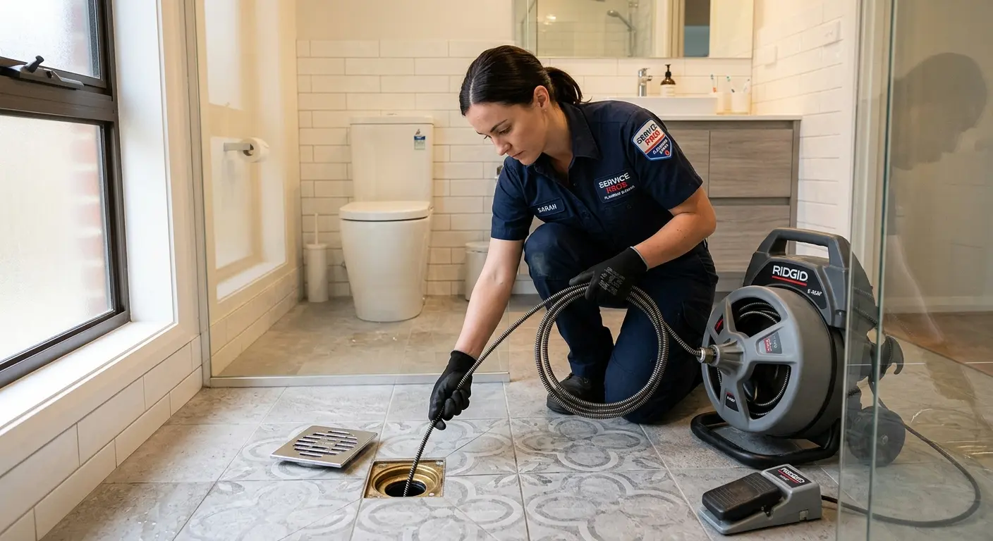 Technician clearing a bathroom floor drain for Clogged Drain Repair in Mentor